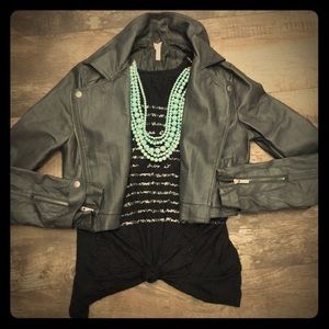 Grey Cropped Faux Leather Bomber
